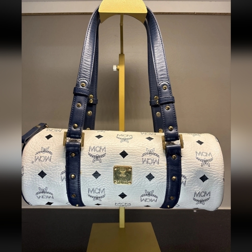 Authentic MCM White and Navy Logo Canvas Tootsie Roll Travel Bag